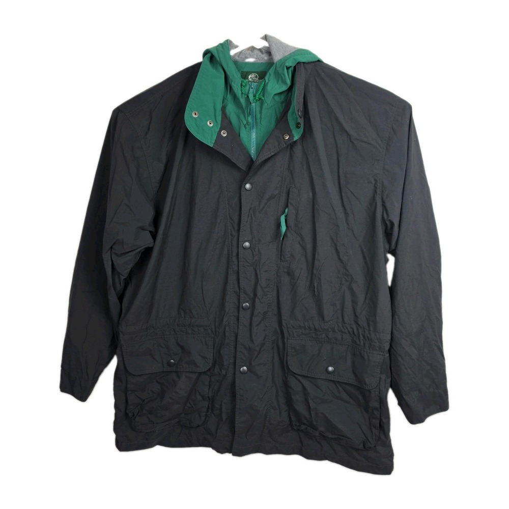 Bass Pro Shops Mens XXLT Jacket Black Green Hooded Long Rain Coat 2XL Tall